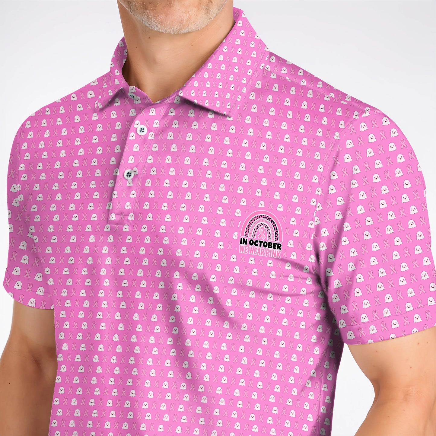 Breast Cancer Awareness Golf Polos, In October We Wear Pink Pattern Golf Shirt, Pink Ribbon Golf Gift for Breast Cancer Support