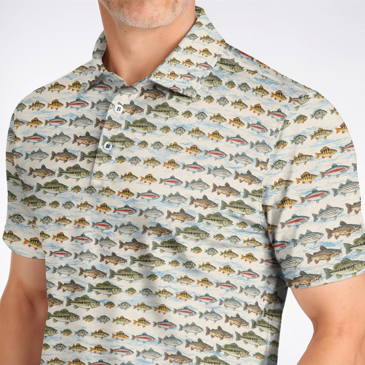Freshwater Fishing Pattern Golf Shirt, Bass Trout Catfish & Perch Golf Polos, Fishing Gift For Golfer