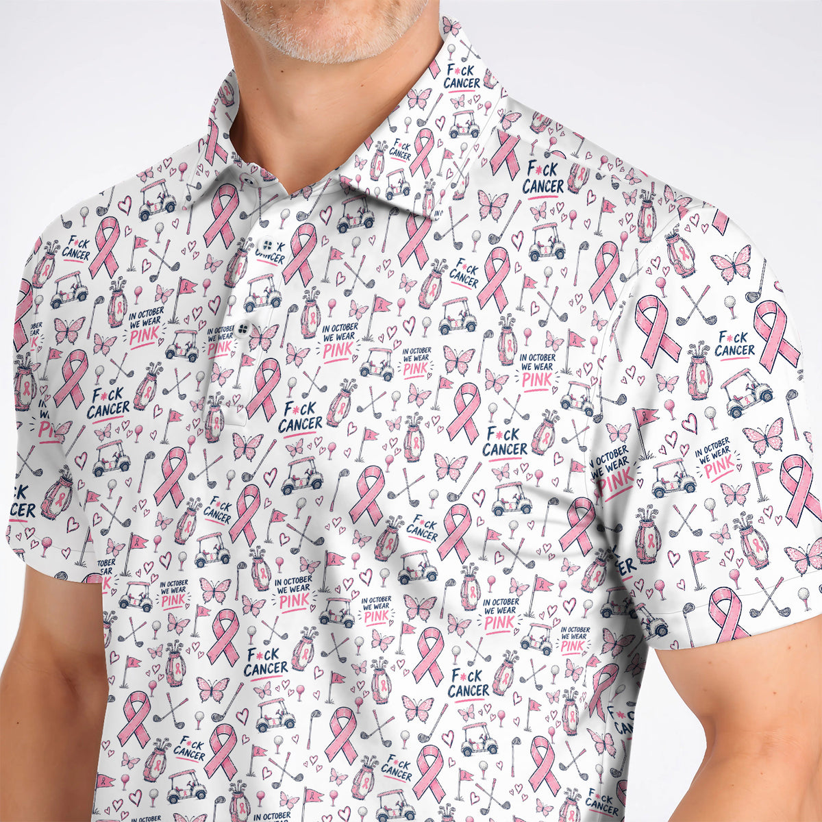 Fight Cancer Golf Shirt, Pink Ribbon Golf Cart Pattern Polos, Breast Cancer Awareness Gift for Golfers
