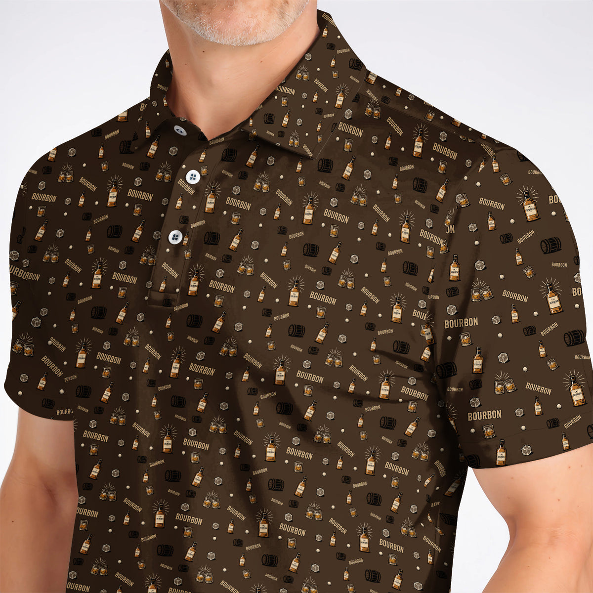 Bourbon Barrel Golf Polos, Whiskey Bottle & Rocks Pattern Shirt, Vintage Drinking Golf Shirt for Golfer