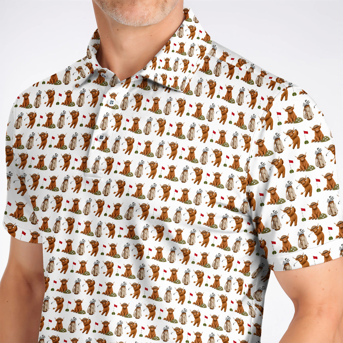 Funny Highland Cow Golf Polos, Highland Cow Pattern Golf Shirt, Golf Gift For Golfer