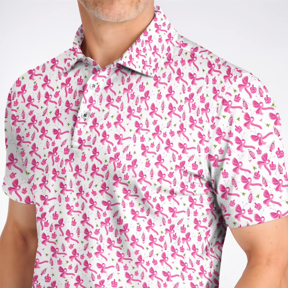 Fight With Every Swing Breast Cancer Awareness Golf Polos, Pink Ribbon & Golf Pattern Shirt, Support Gift for Golfers
