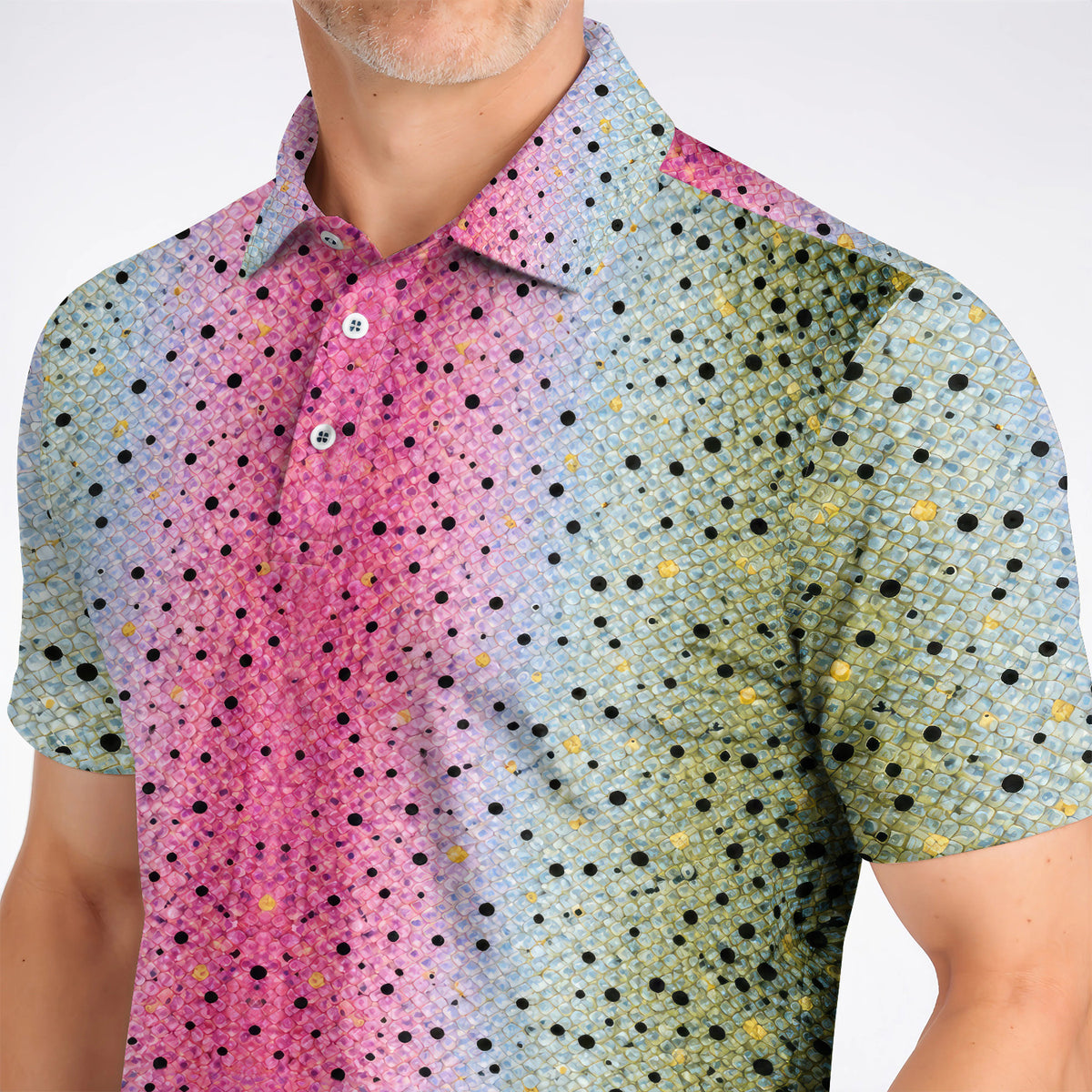 Crazy Rainbow Trout Skin Pattern Golf Polos, Pink Blue Fish Scale Golf Shirt, Golf Gift For Golfers