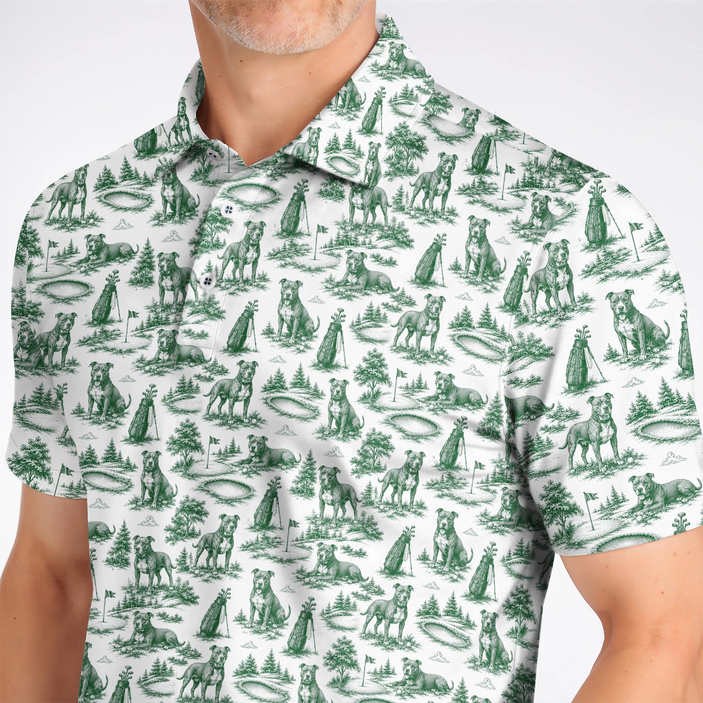Crazy Pit Bull Golf Polos For Golfer, Toile de Jouy Pit Bull Pattern Golf Shirt, Dog Lover Golf Gift