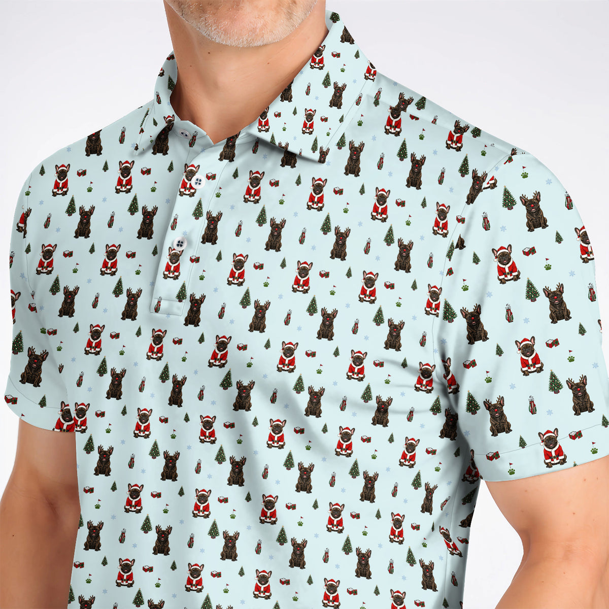 Reindeer French Bulldog Christmas Golf Polos, Festive Dog Holiday Pattern Golf Shirt, Xmas Golf Gift for Golfers