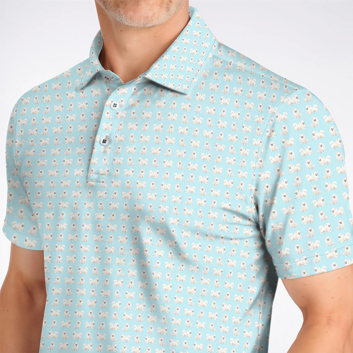 White Pomeranian Pattern Golf Polos, Cute Pomeranian Dog Golf Shirt, Crazy Golf Gift For Golfer