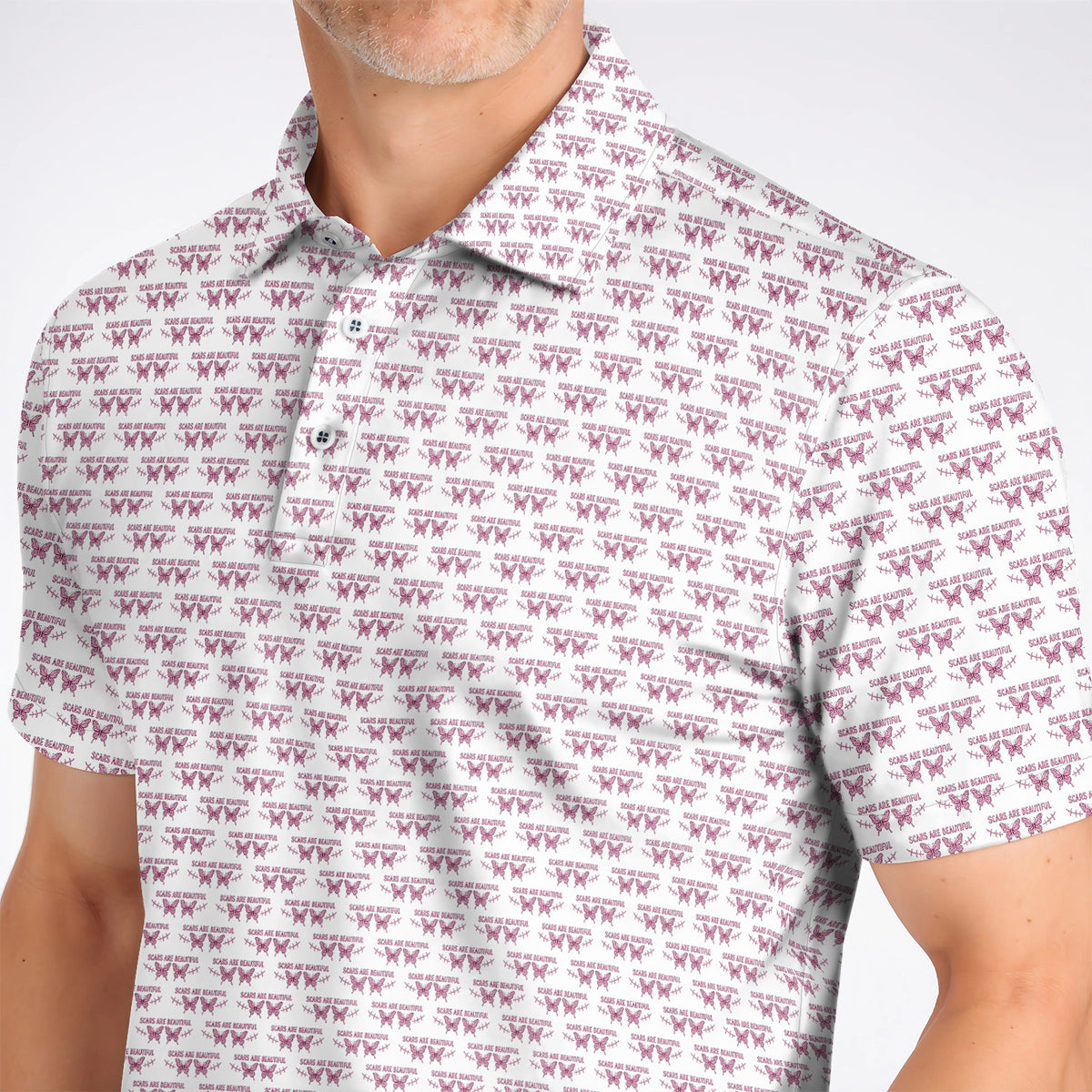 Scars Are Beautiful Breast Cancer Awareness Golf Polos, Pink Butterfly Survivor Pattern Shirt, Inspirational Golf Gift for Golfer