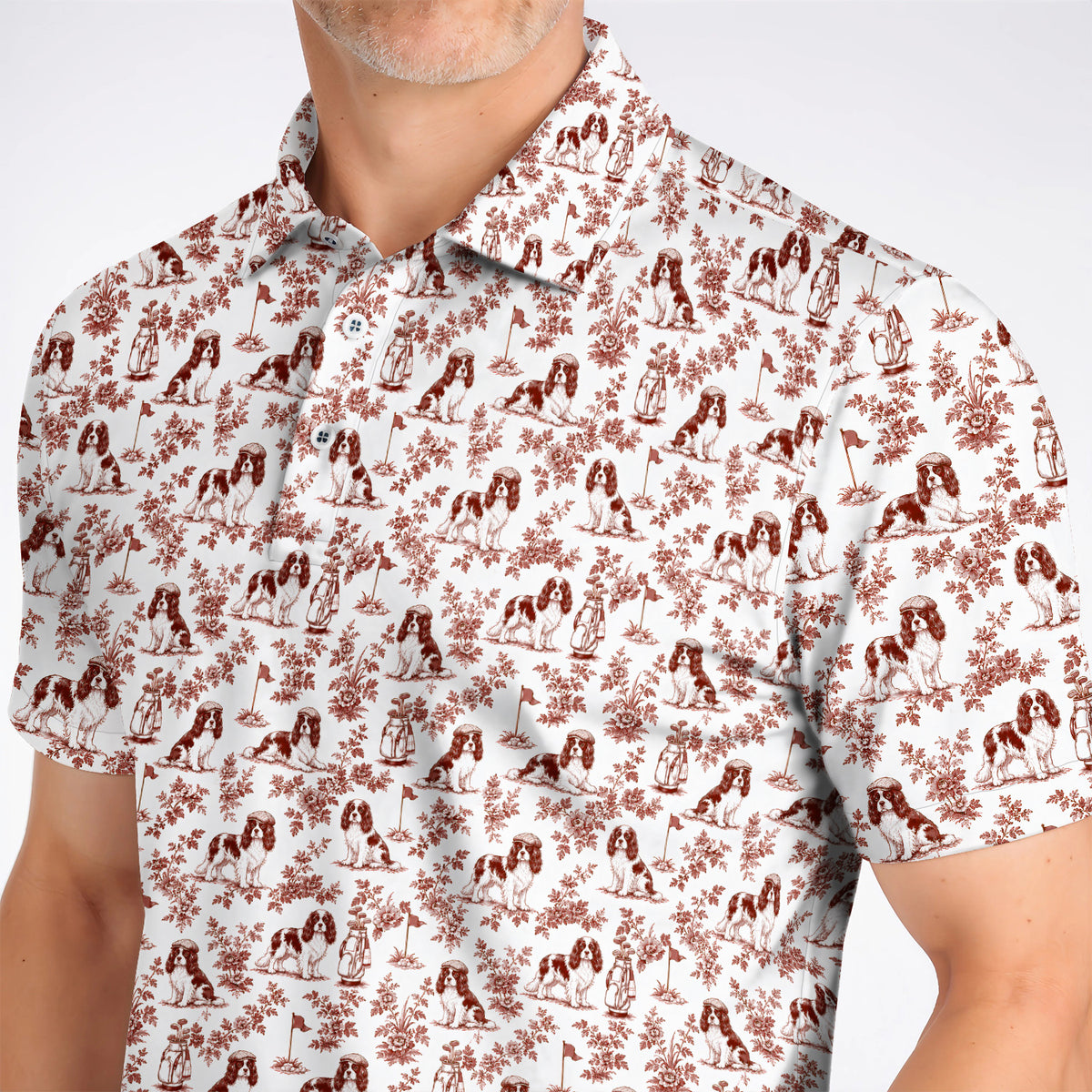 Funny Cavalier King Charles Spaniel Golf Polos, Toile de Jouy Cavalier Pattern Golf Shirt, Golf Gift For Golfer