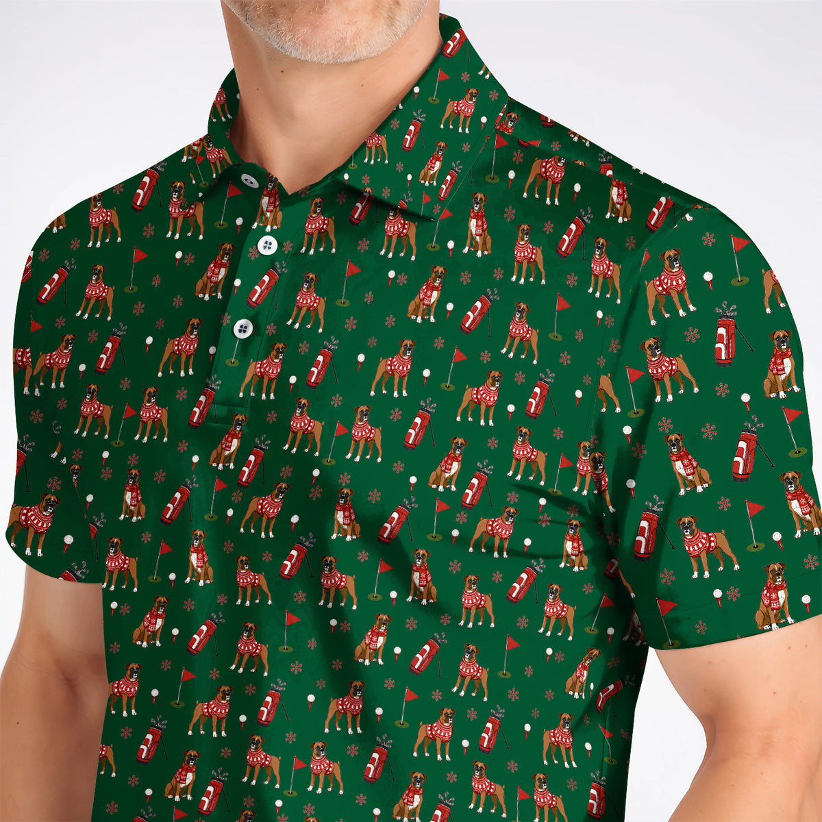 Boxer Christmas Golf Polos, Holiday Dog Pattern Golf Shirt, Festive Golf Gift for Golfers