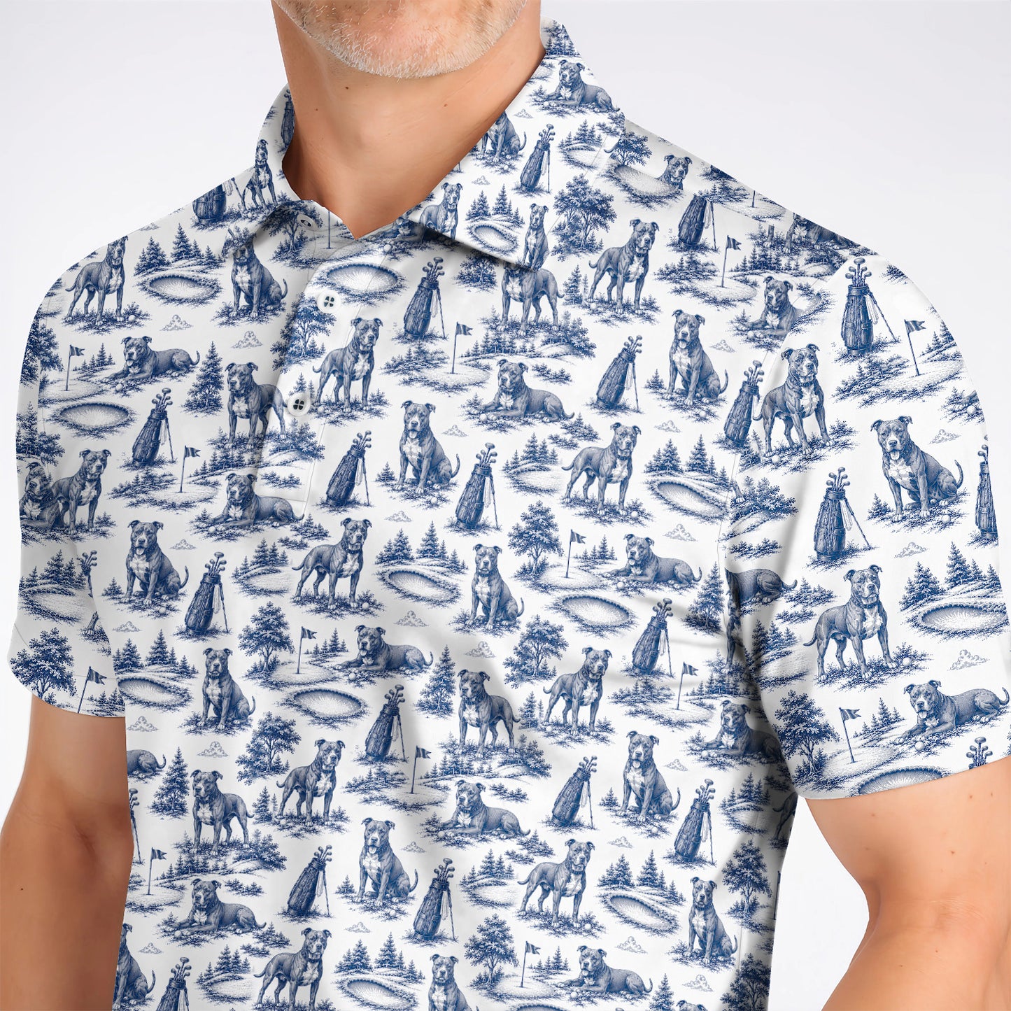 Crazy Pit Bull Golf Polos For Golfer, Toile de Jouy Pit Bull Pattern Golf Shirt, Dog Lover Golf Gift