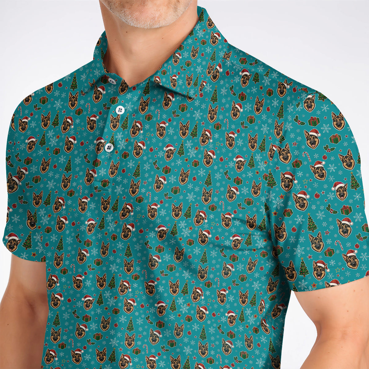 Funny German Shepherd Christmas Golf Shirt, German Shepherd Pattern Golf Polos, Xmas Golf Gift For Golfer