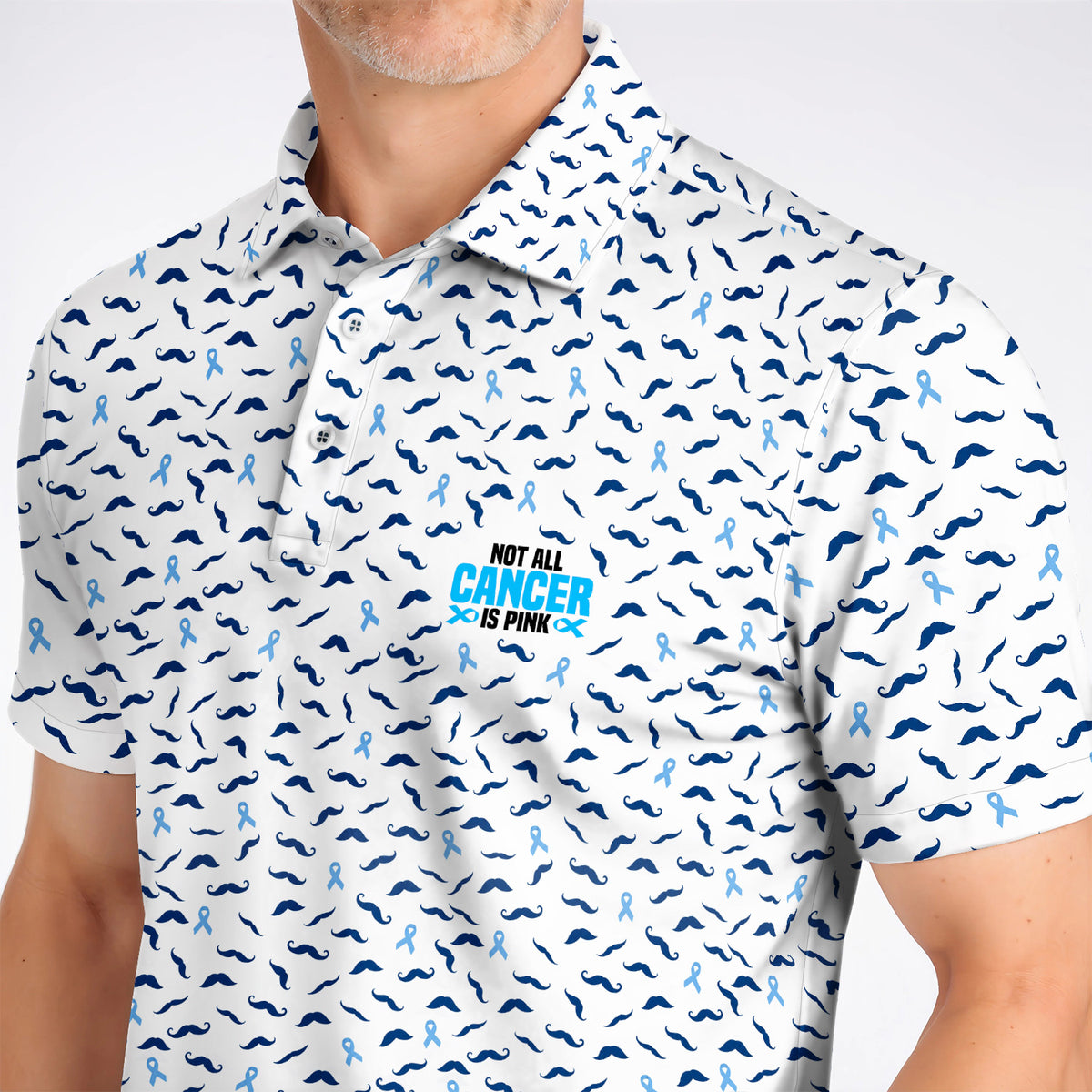 Prostate Cancer Awareness Golf Shirt, Blue Ribbon Mustache Pattern Golf Polos, Support Gift for Golfers