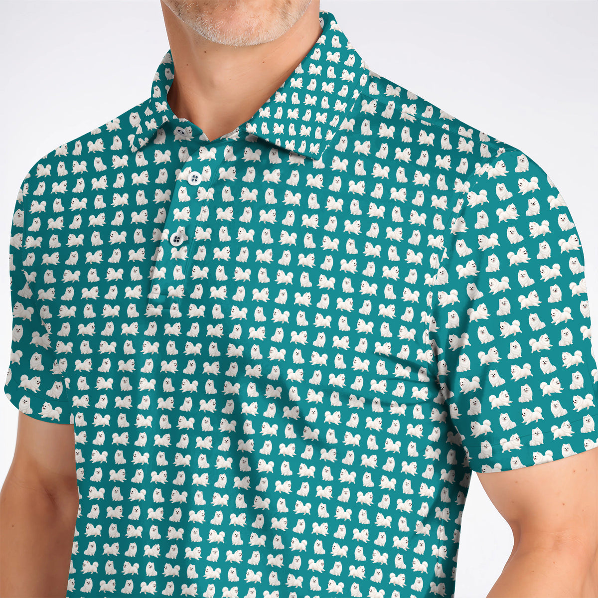White Pomeranian Pattern Golf Polos, Cute Pomeranian Dog Golf Shirt, Crazy Golf Gift For Golfer
