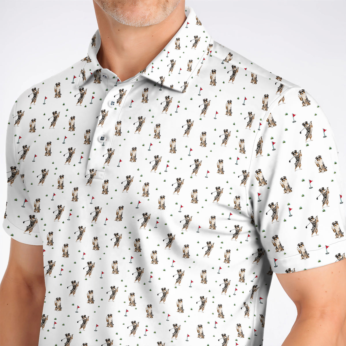 Australian Shepherd Golf Polos, Blue Merle Aussie Pattern Golf Shirt, Golf Gift For Golfer