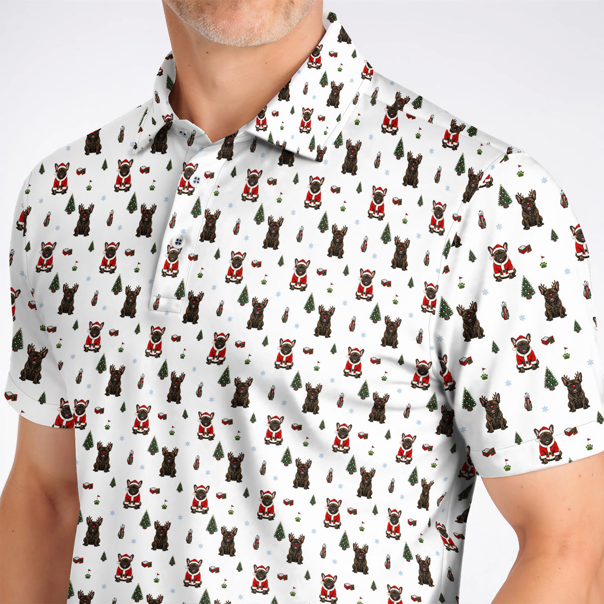 Reindeer French Bulldog Christmas Golf Polos, Festive Dog Holiday Pattern Golf Shirt, Xmas Golf Gift for Golfers