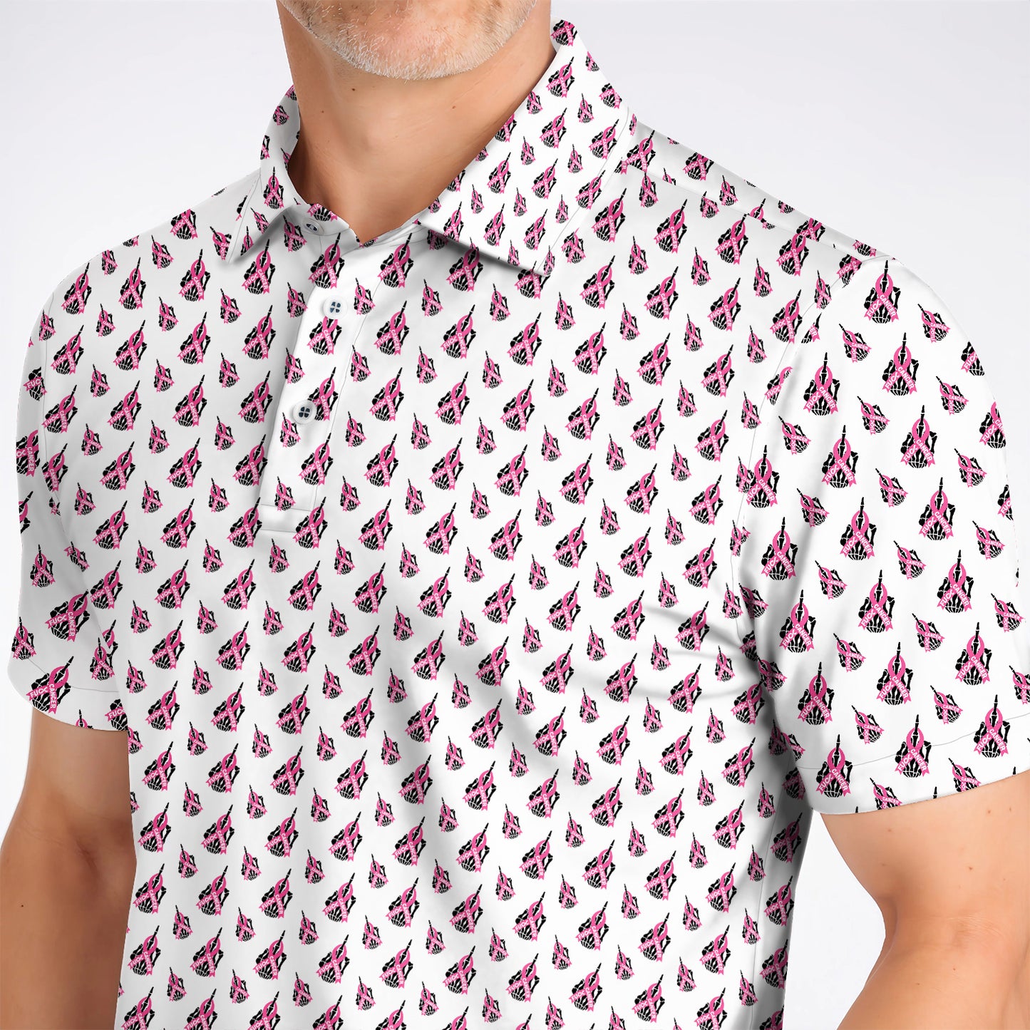 Breast Cancer Awareness Golf Polos, Pink Ribbon Pattern Golf Shirt For Breast Cancer Support, Golf Gift For Golfer