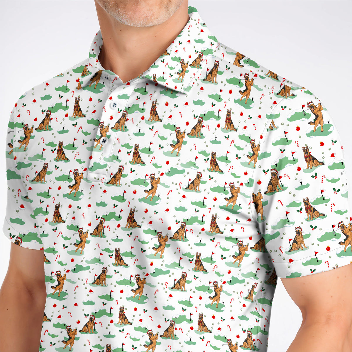 Funny German Shepherd Christmas Golf Shirt, German Shepherd Pattern Golf Polos, Xmas Golf Gift for Golfers