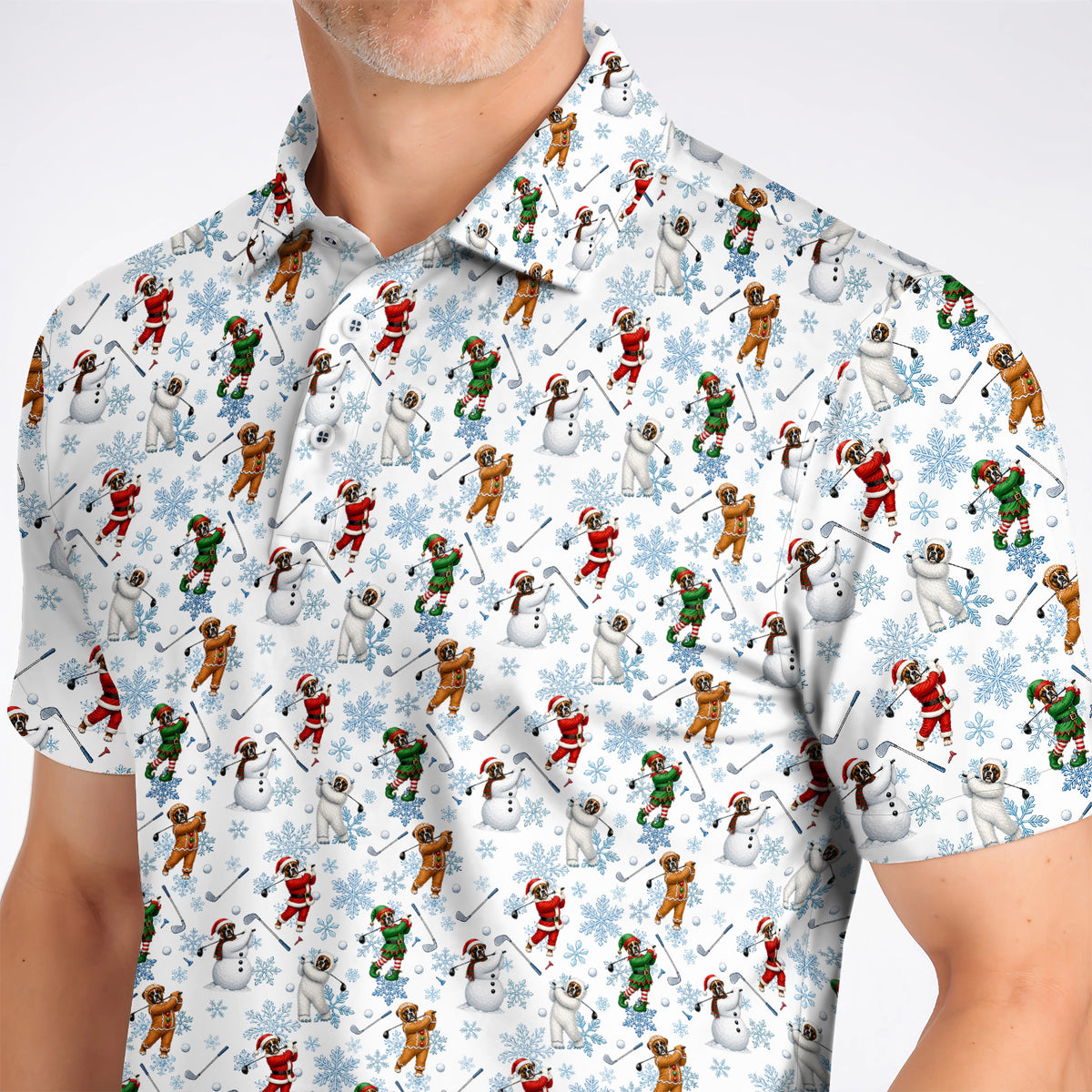 Boxer Christmas Pattern Golf Polos, Funny Holiday Boxer Golfer Shirt, Christmas Golf Gift for Dog Lovers