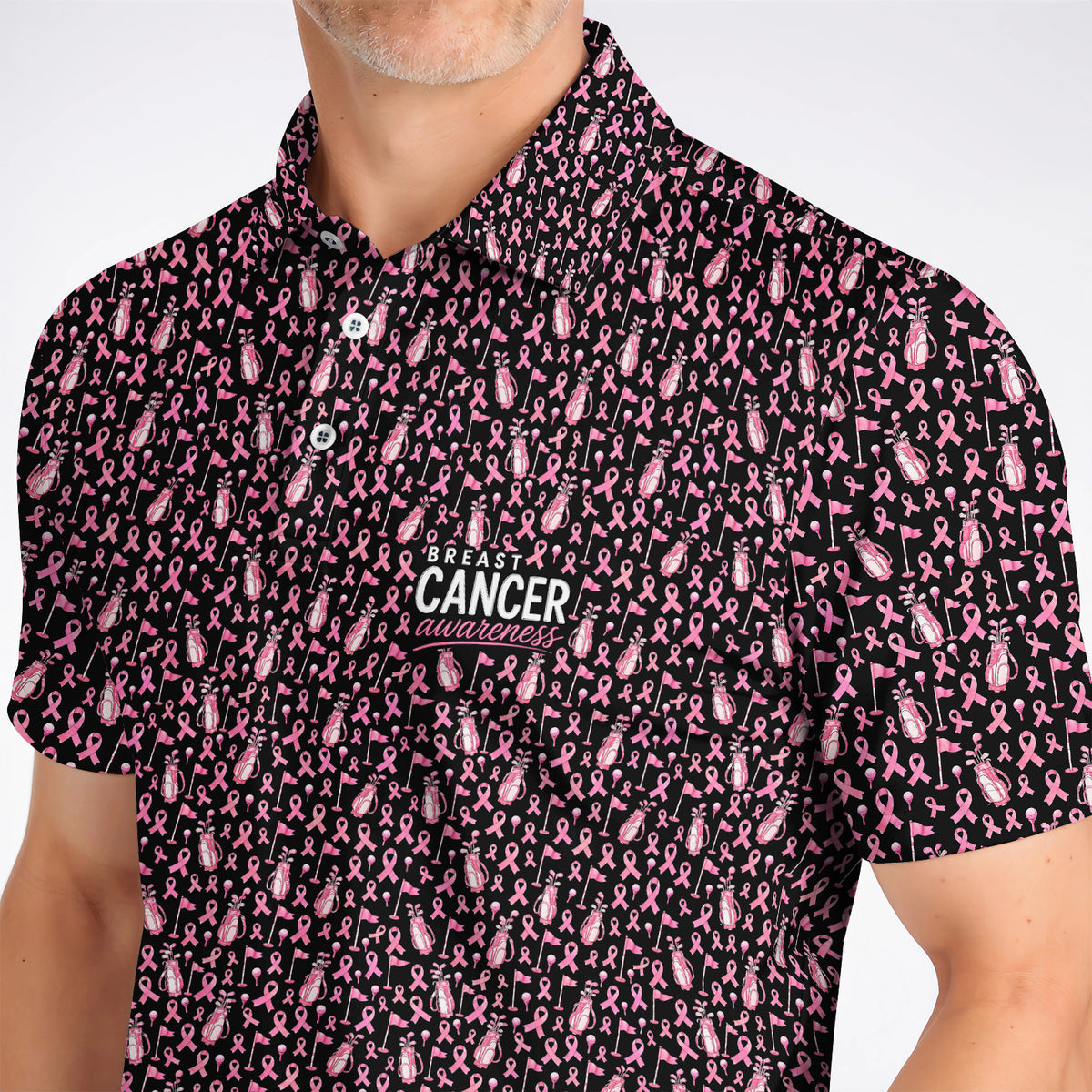 Breast Cancer Awareness Golf Polos, Pink Ribbon Golf Bag Pattern Shirt, October Golf Gift for Golfer