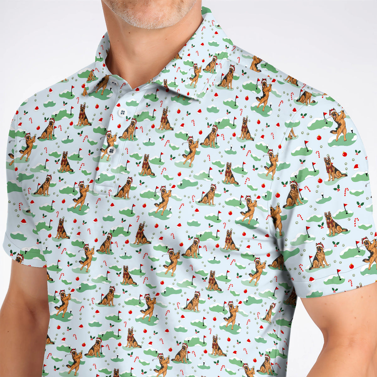 Funny German Shepherd Christmas Golf Shirt, German Shepherd Pattern Golf Polos, Xmas Golf Gift for Golfers