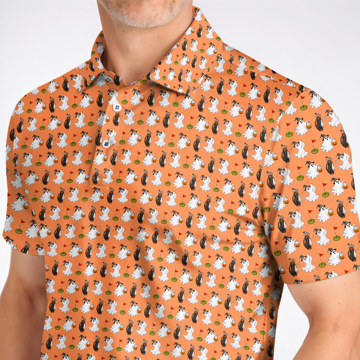 Cute Ghost Golf Polos, Halloween Pattern Golf Shirt, Trick or Treat Golf Gift For Golfer