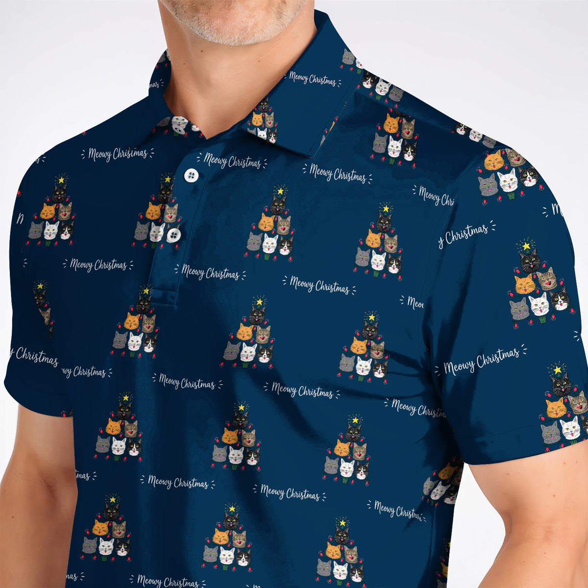 Meowy Christmas Cat Golf Polos, Festive Cat Christmas Pattern Golf Shirt, Xmas Golf Gift For Cat Lovers