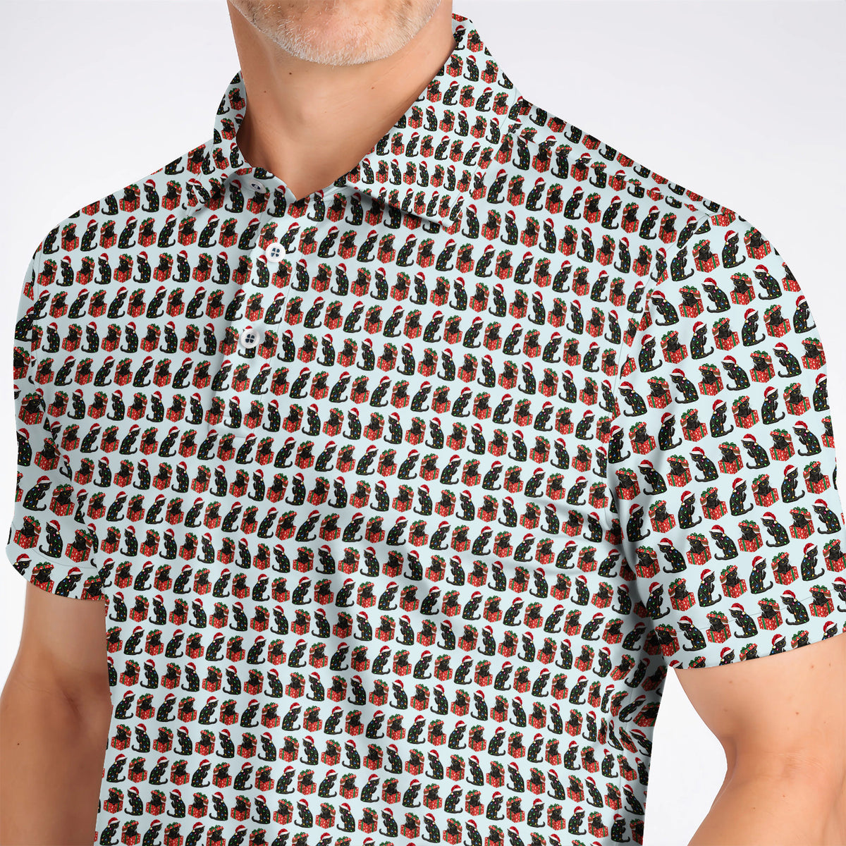 Black Cat Christmas Pattern Golf Polos, Funny Christmas Cat Golf Shirt, Holiday Gift for Cat Lovers