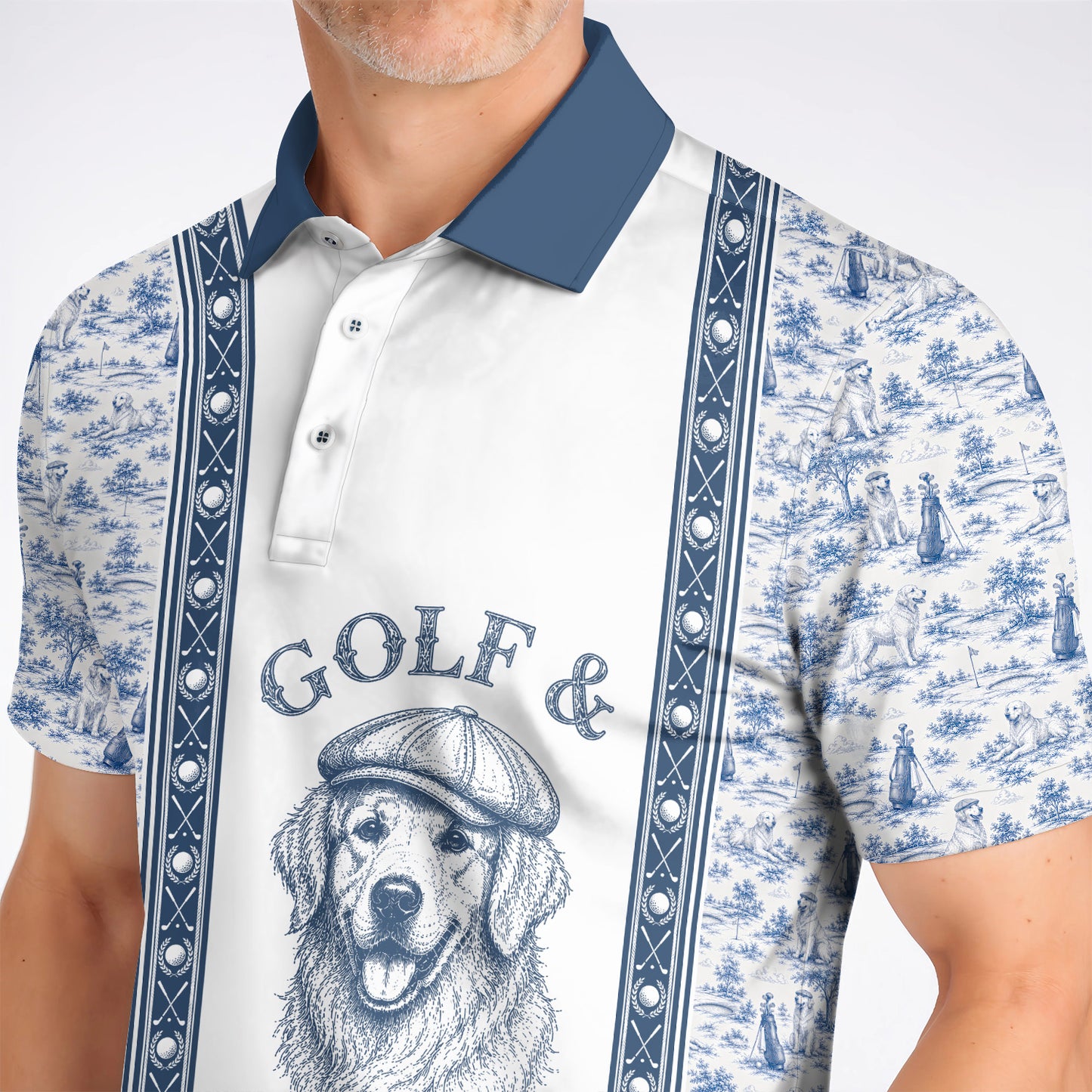 Golden Retriever Golf Shirt, Toile De Jouy Golden Pattern Golf Polos, Crazy Golf Gift For Golfer
