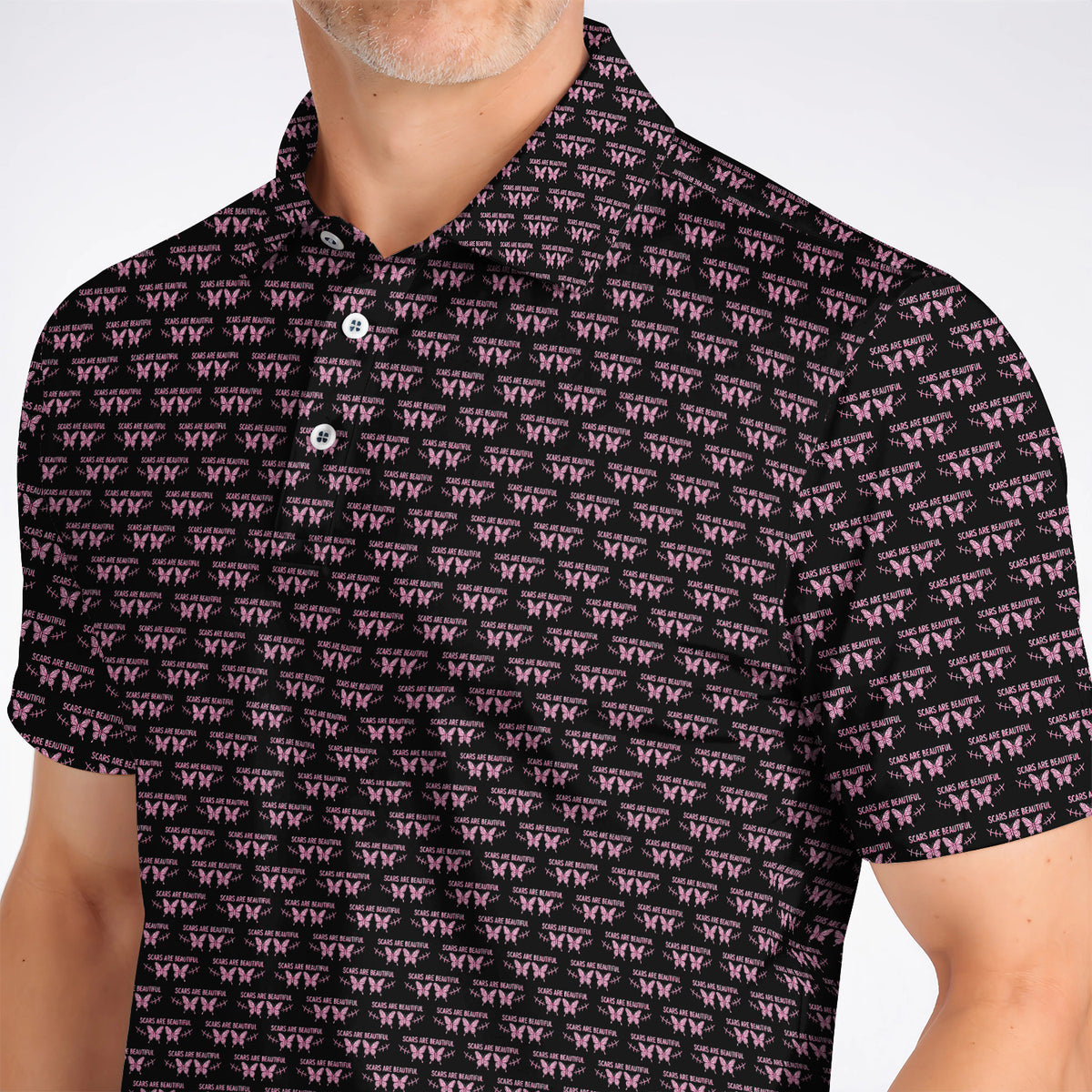 Scars Are Beautiful Breast Cancer Awareness Golf Polos, Pink Butterfly Survivor Pattern Shirt, Inspirational Golf Gift for Golfer