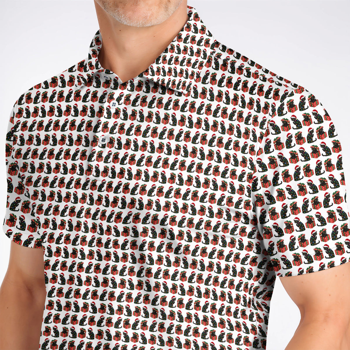 Black Cat Christmas Pattern Golf Polos, Funny Christmas Cat Golf Shirt, Holiday Gift for Cat Lovers