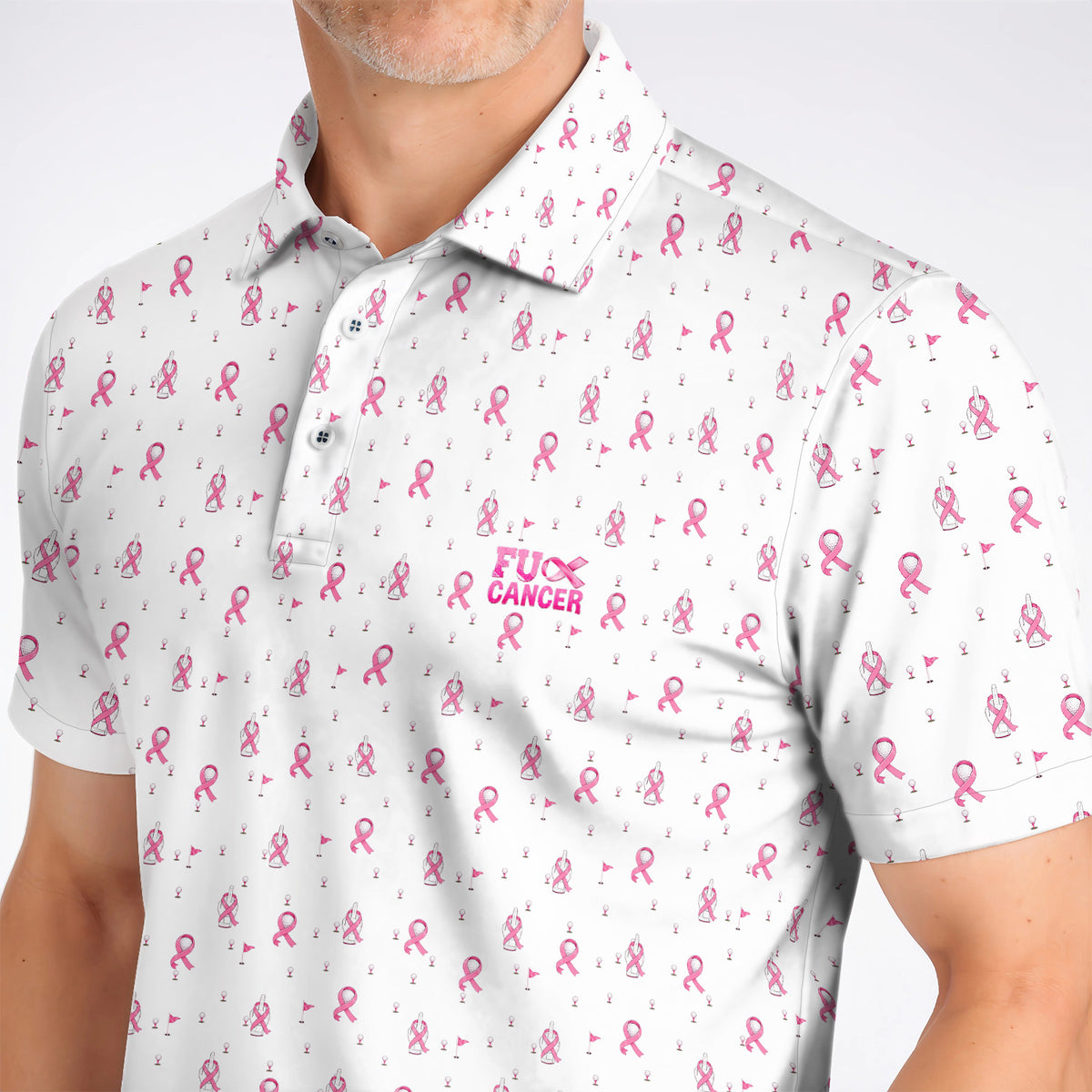 Pink Ribbon Golf Polos, Breast Cancer Awareness Pattern Golf Shirt, Supportive Golfer Gift for Golfer