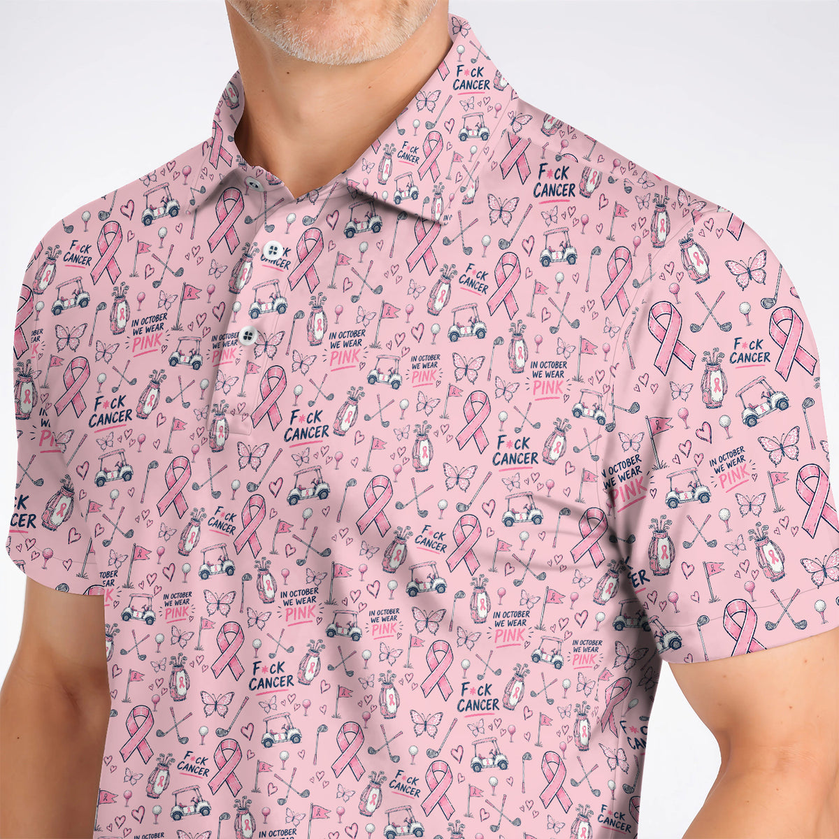 Fight Cancer Golf Shirt, Pink Ribbon Golf Cart Pattern Polos, Breast Cancer Awareness Gift for Golfers