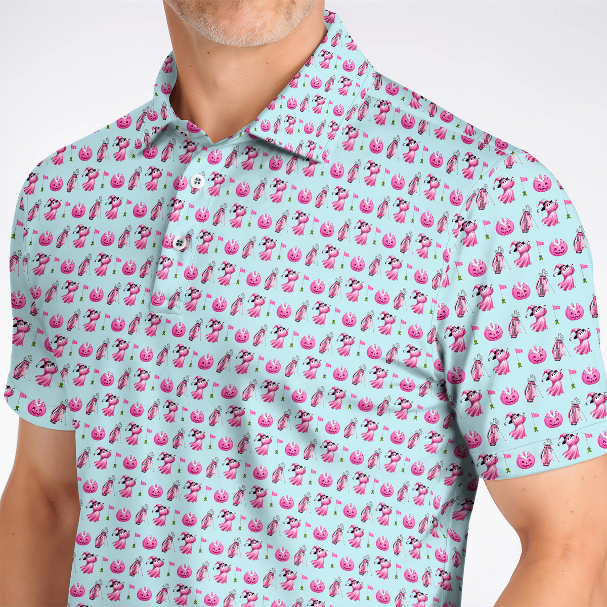 Pink Pumpkin Swing Breast Cancer Awareness Golf Shirt, Halloween Golf & Pink Ribbon Pattern Polos, October Golf Gift For Golfer