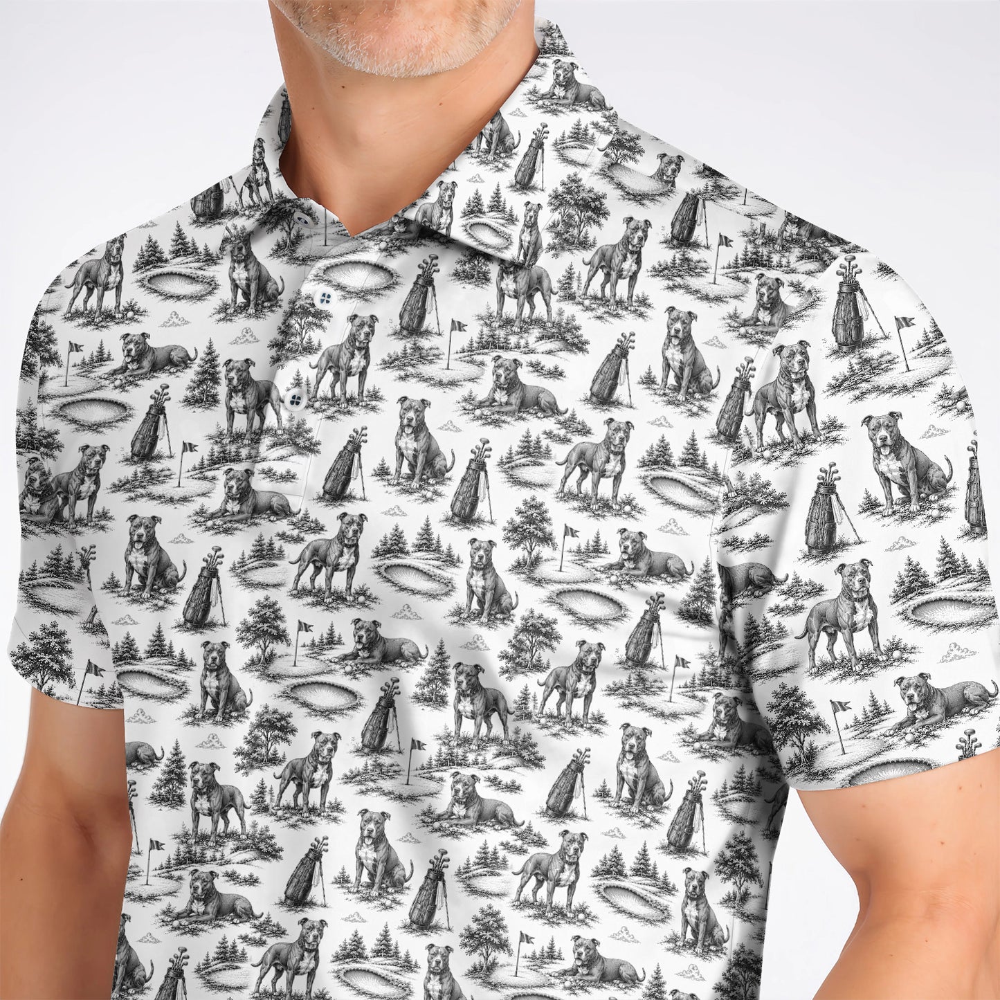 Crazy Pit Bull Golf Polos For Golfer, Toile de Jouy Pit Bull Pattern Golf Shirt, Dog Lover Golf Gift