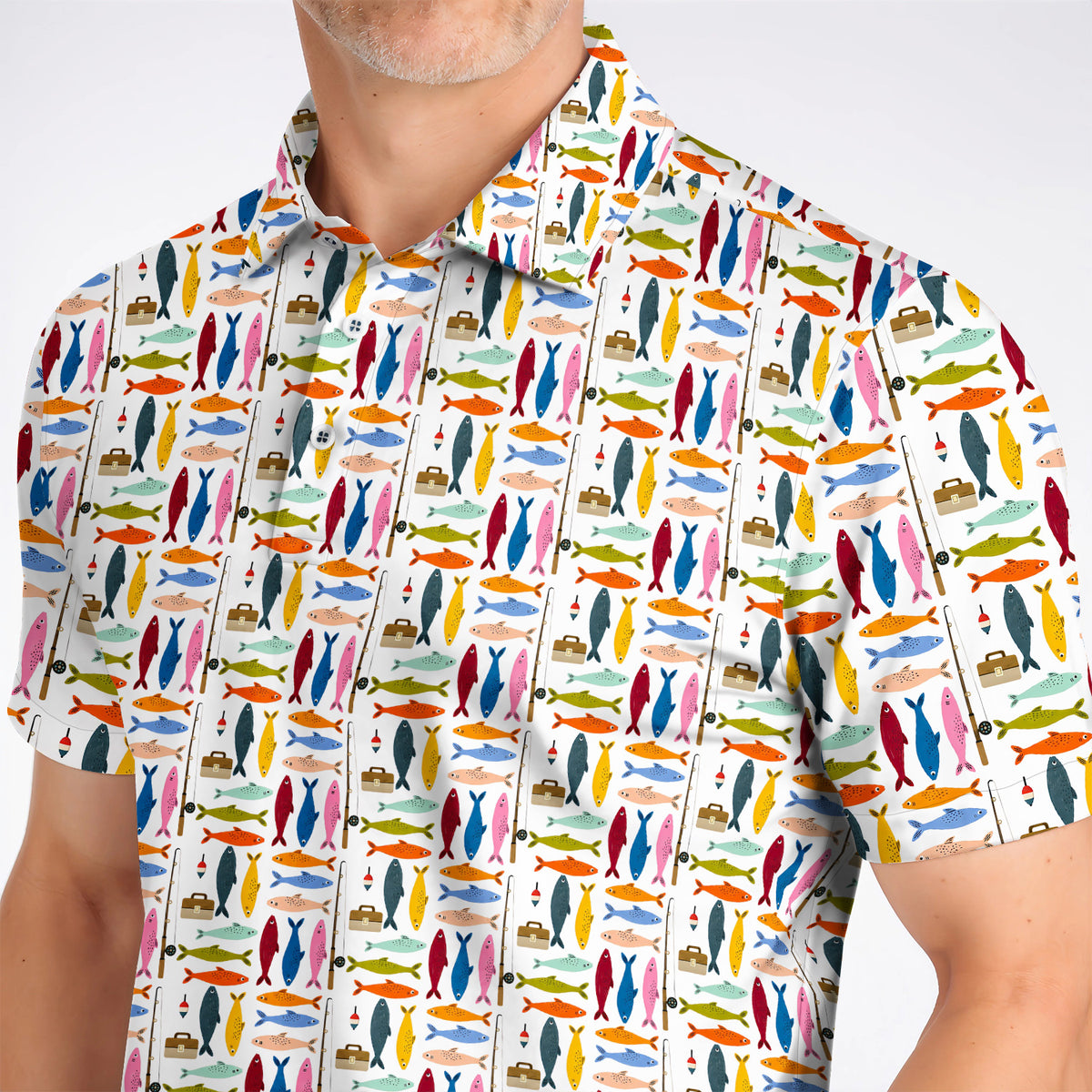 Colorful Fish Pattern Golf Polos, Fishing Rod Pattern Golf Polos, Crazy Golf Gift For Anglers and Fishermen