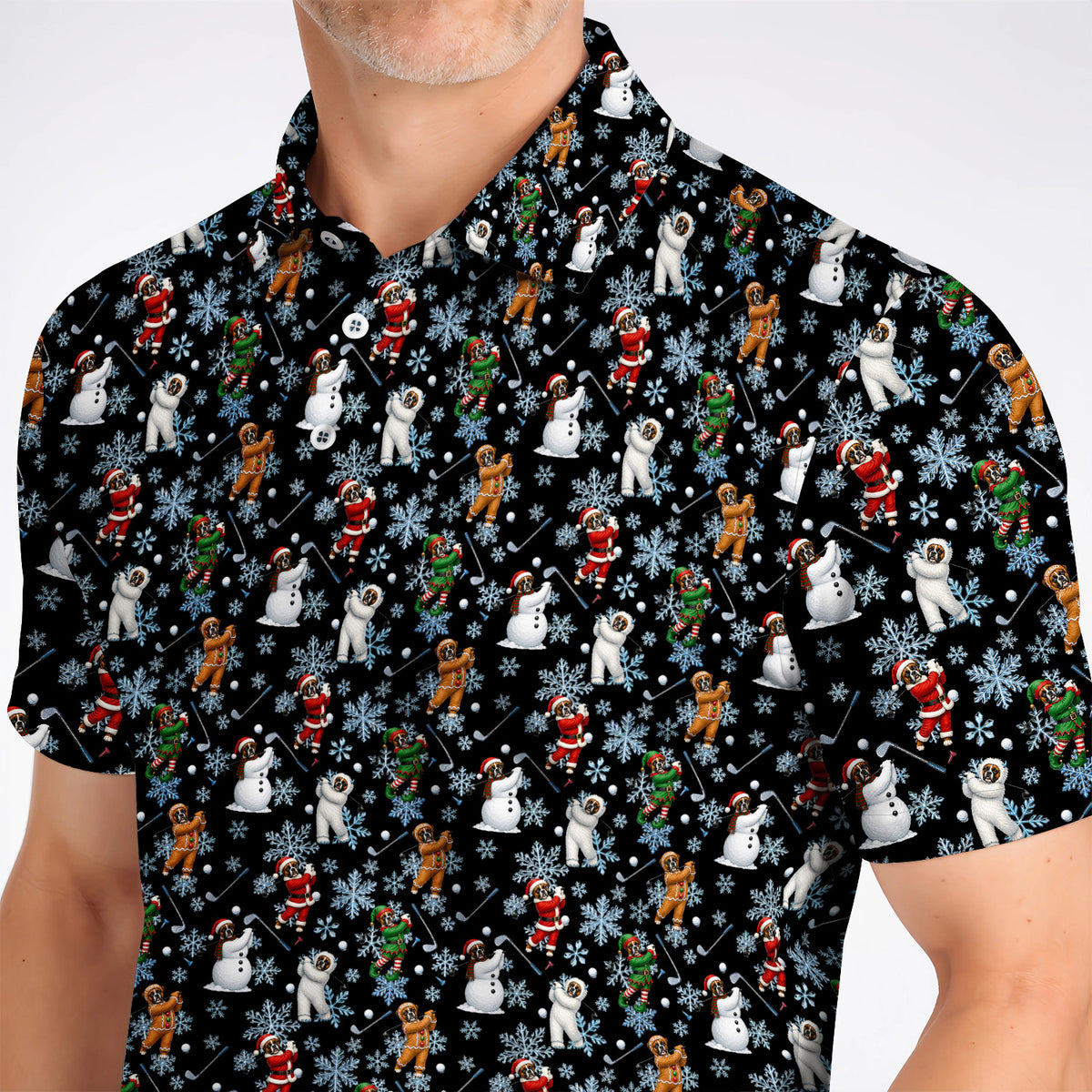 Boxer Christmas Pattern Golf Polos, Funny Holiday Boxer Golfer Shirt, Christmas Golf Gift for Dog Lovers