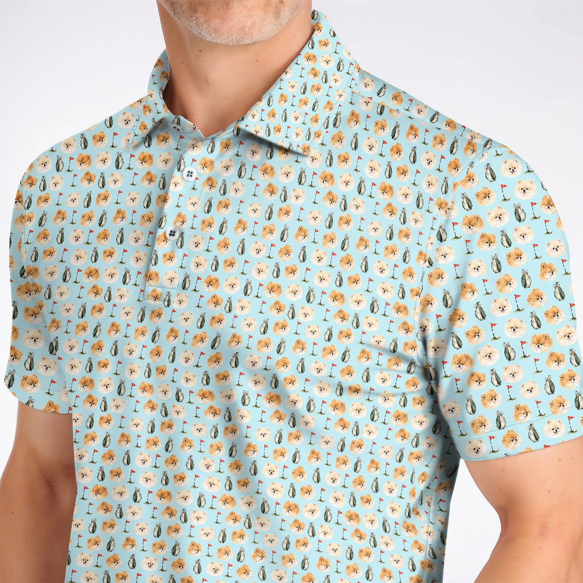 Pomeranian Golf Shirt, Fluffy Pom Dog & Golf Pattern Polos, Funny Golf Gift For Golfer