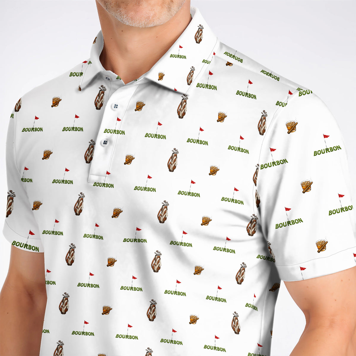 Bourbon & Cigar Golf Shirt, Whiskey Golf Pattern Polos, Funny Bourbon Gift For Golfers