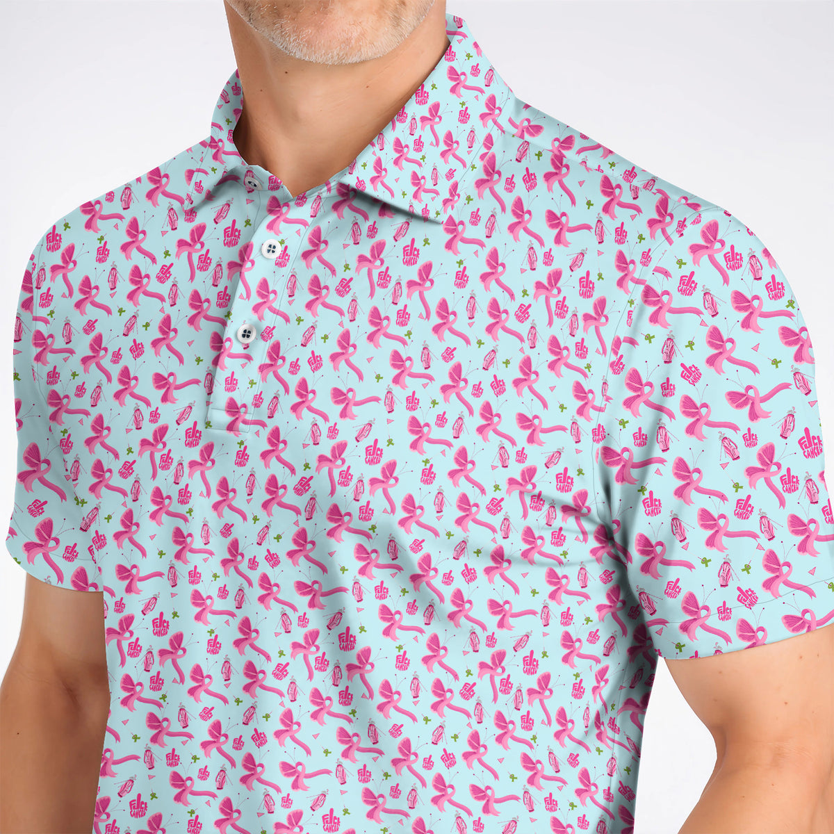Fight With Every Swing Breast Cancer Awareness Golf Polos, Pink Ribbon & Golf Pattern Shirt, Support Gift for Golfers