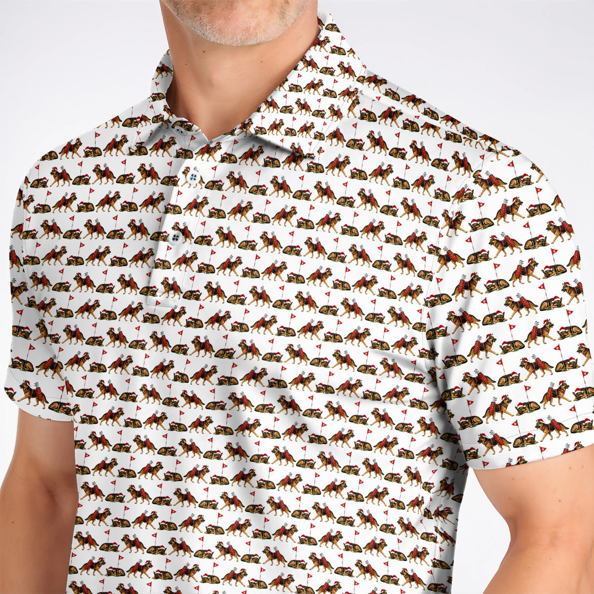 German Shepherd Christmas Golf Shirt, German Shepherd Pattern Golf Polos, Holiday Golf Gift for Dog Lovers