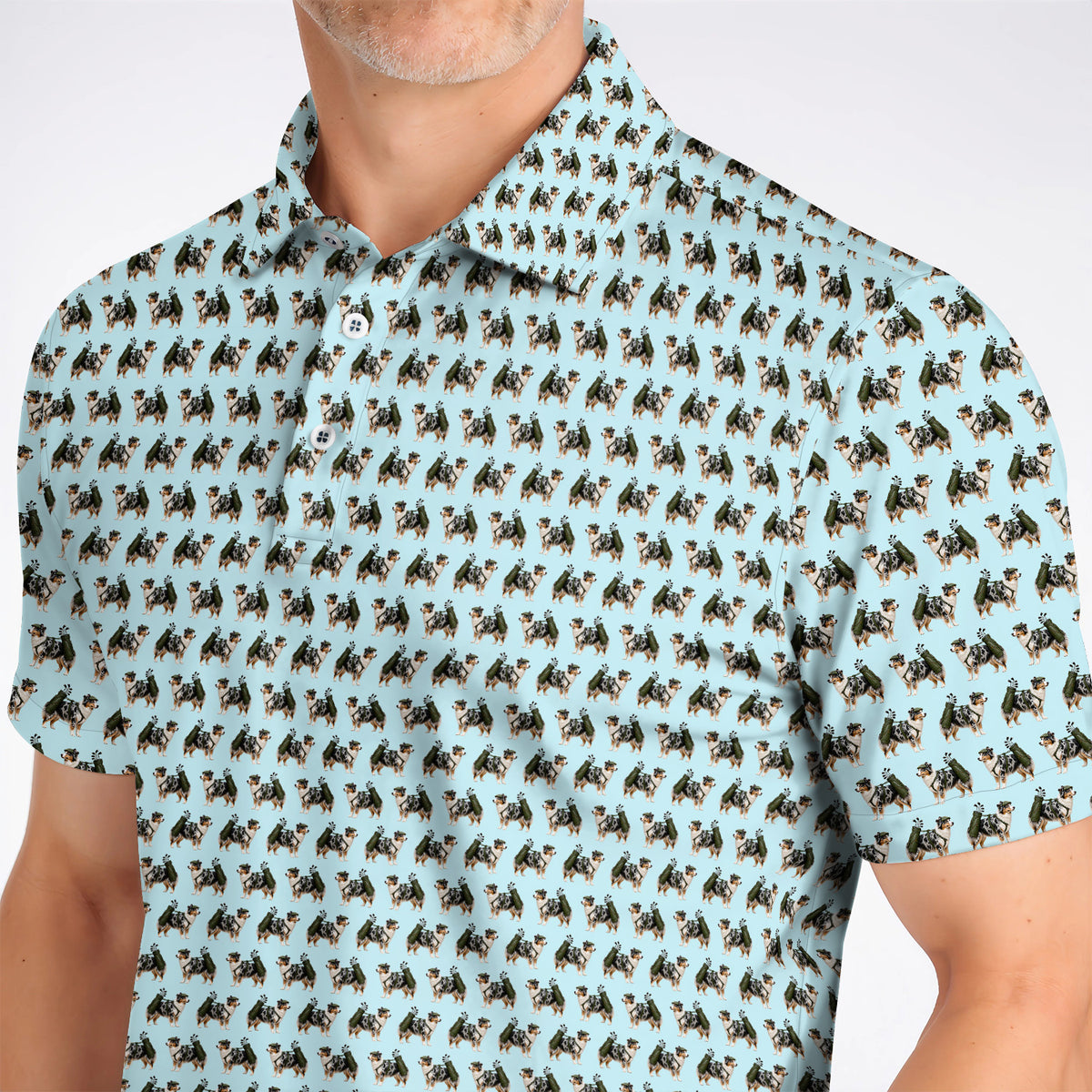Funny Australian Shepherd Golf Polos, Blue Merle Aussie Pattern Golf Shirt, Golf Gift For Golfer