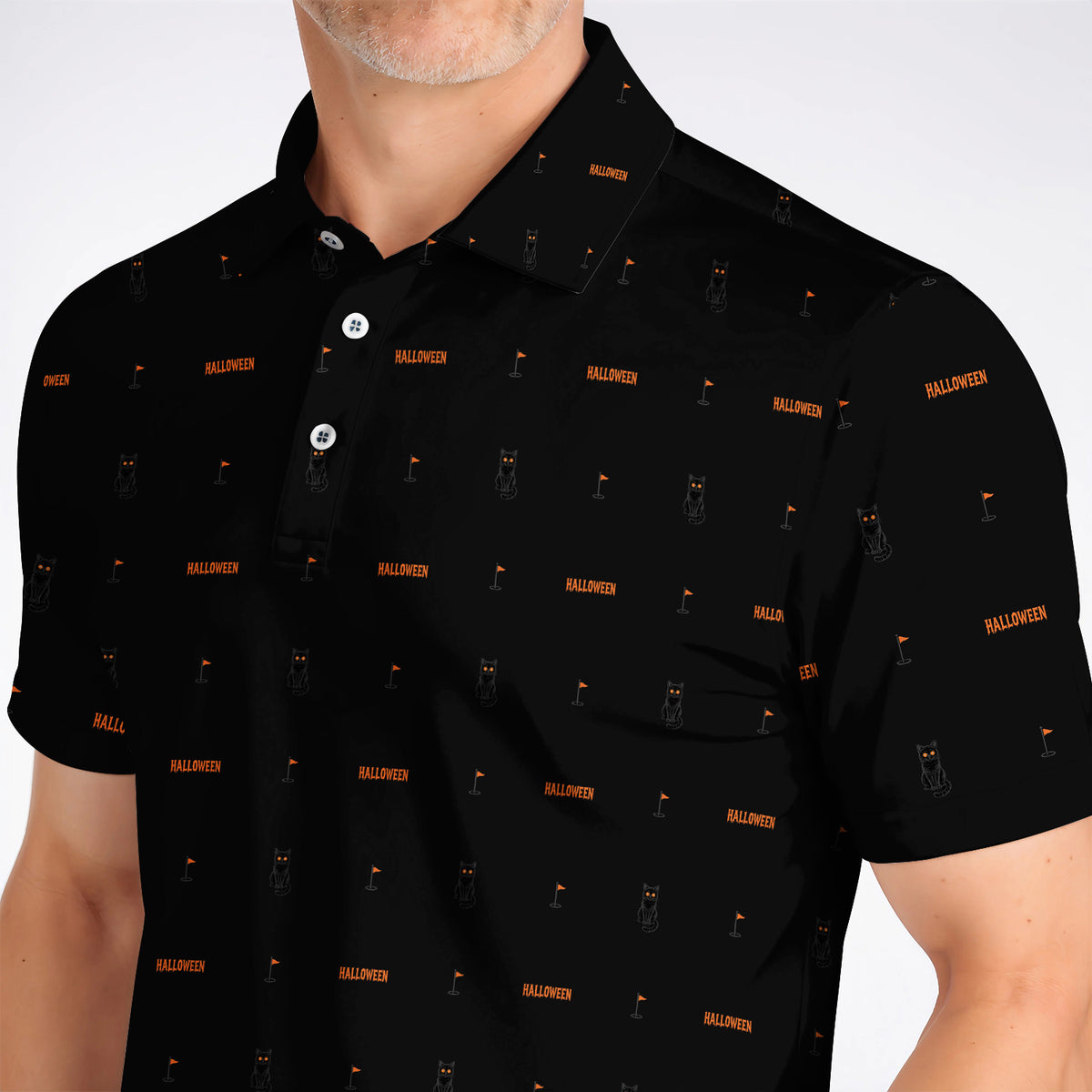 Black Cat Halloween Golf Polos, Spooky Cat Pattern Golf Shirt for Halloween Lovers, Funny Golf Gift for Golfers