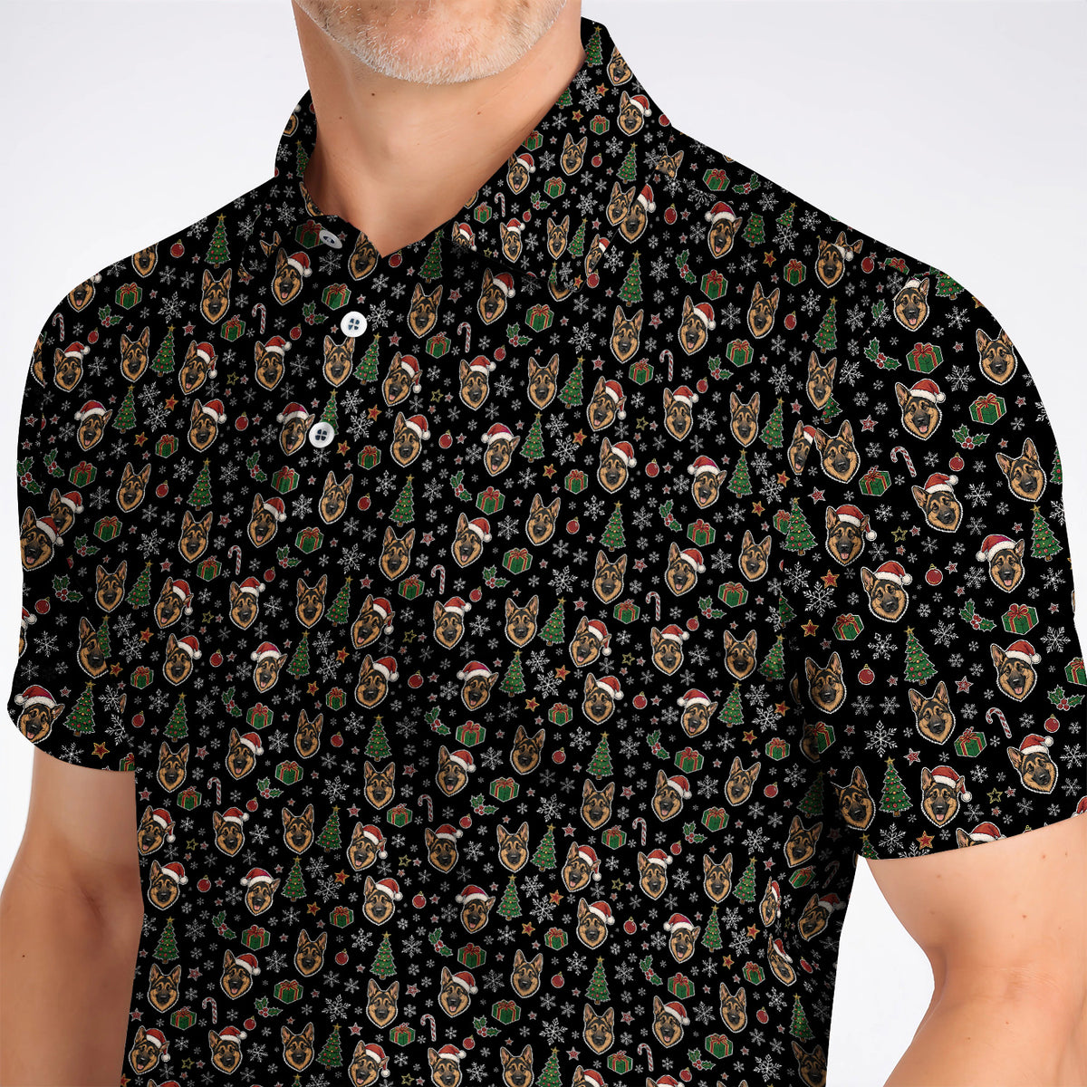 Funny German Shepherd Christmas Golf Shirt, German Shepherd Pattern Golf Polos, Xmas Golf Gift For Golfer