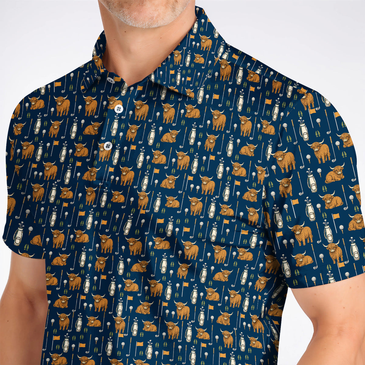 Highland Cow Fairway Polos, Highland Cow Golf Pattern Shirt, Golf Gift For Golfer