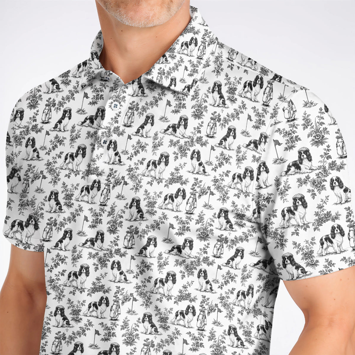 Funny Cavalier King Charles Spaniel Golf Polos, Toile de Jouy Cavalier Pattern Golf Shirt, Golf Gift For Golfer