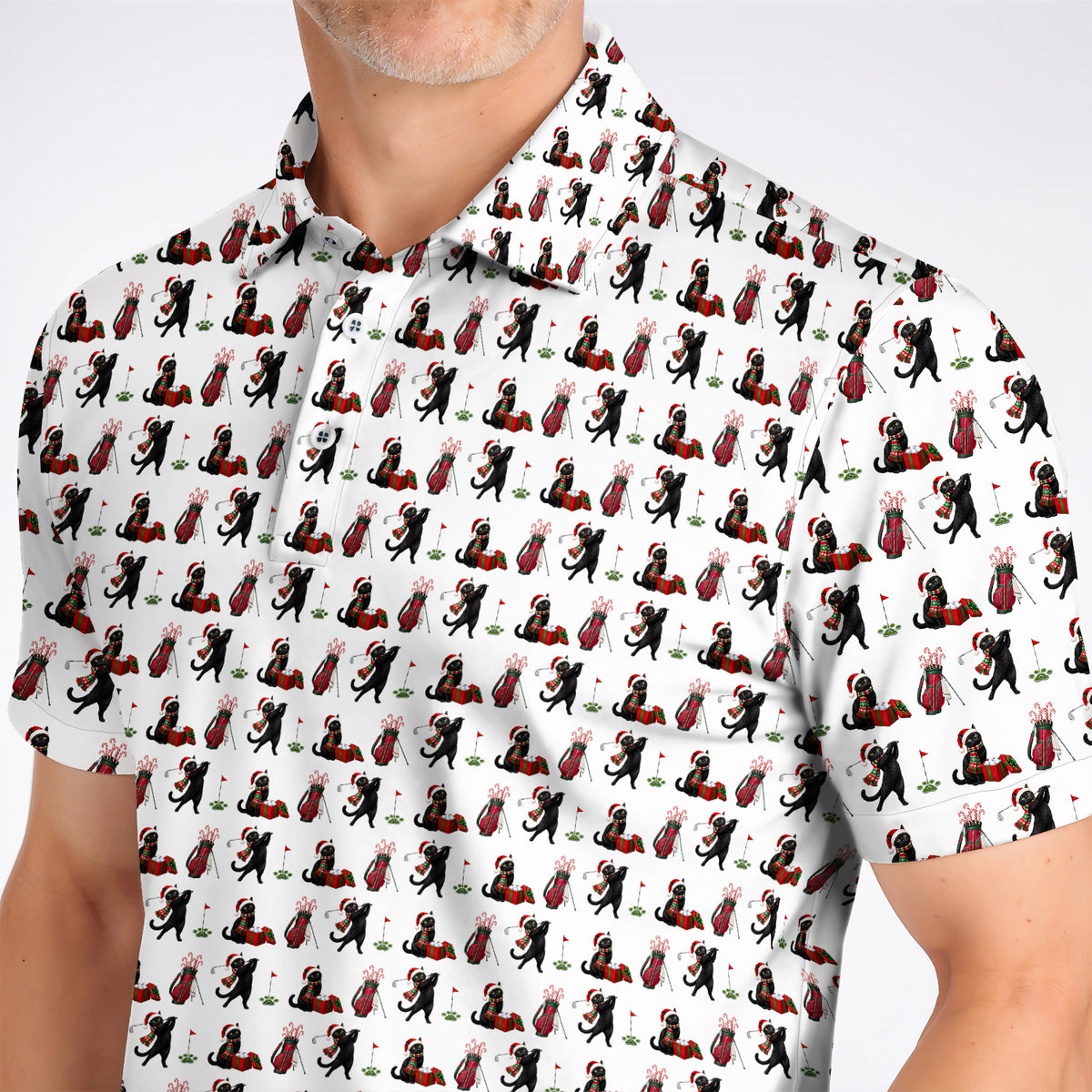 Black Cat Christmas Golf Polos, Festive Cat Patterm Golf Shirt, Funny Holiday Golf Gift For Golfer