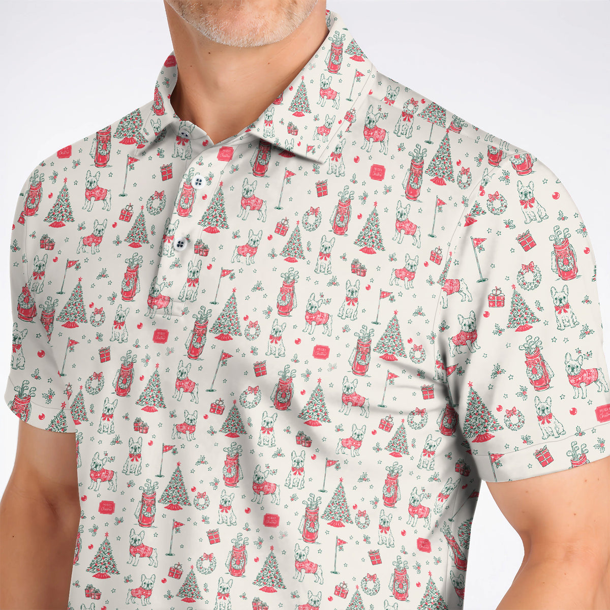 French Bulldog Christmas Golf Polos, Festive Dog Golf Pattern Shirt, Funny Xmas Golf Gift for Golfers