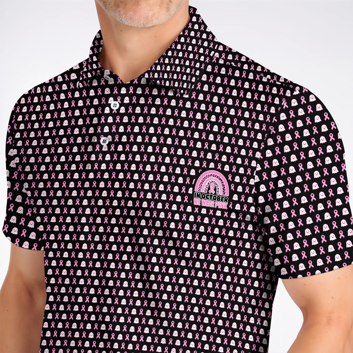 Breast Cancer Awareness Golf Polos, In October We Wear Pink Pattern Golf Shirt, Pink Ribbon Golf Gift for Breast Cancer Support