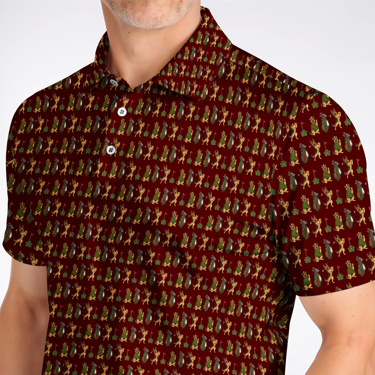 German Shepherd Christmas Golf Shirt, German Shepherd Pattern Golf Polos, Xmas Golf Gift For Golfer