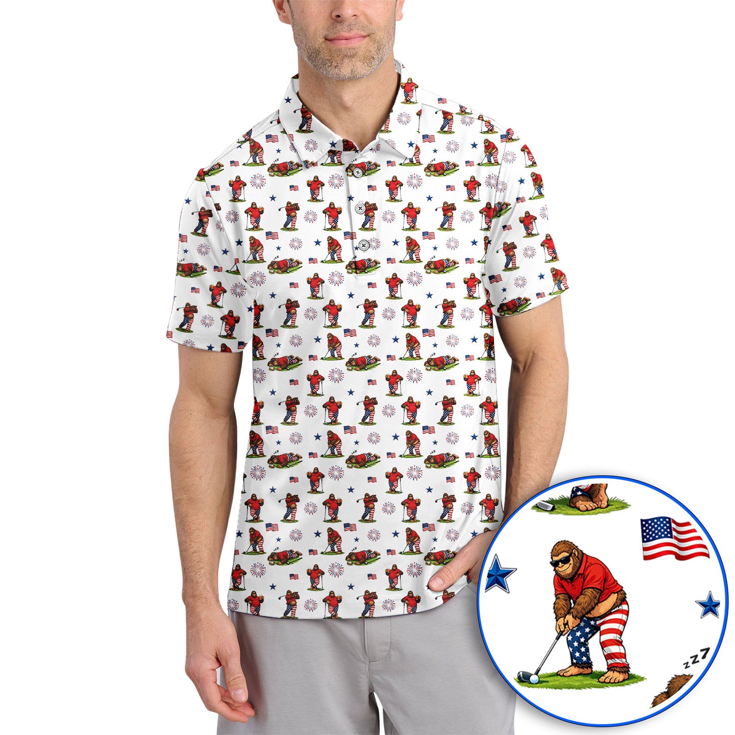 Funny Sasquatch Golf Polos, Patriotic Bigfoot USA Pattern Golf Shirt, Golf Gift For Golfer